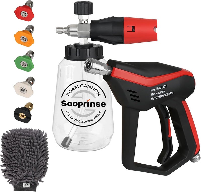 Sooprinse Short Pressure Washer Gun with Foam Cannon, Foam Cannon for Pressure Washer, 1/4 Inch Quick Connector, 5 Nozzle Tips with Car Wash Mitt, 1 Liter - Image 1